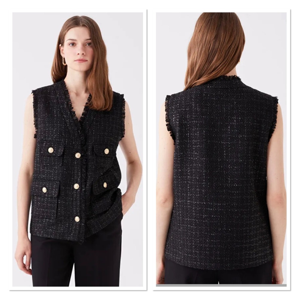 Hazel Black Tweed Boucle Vest Gold Button Frayed Trim Sleeveless Vest Luxury‎ S